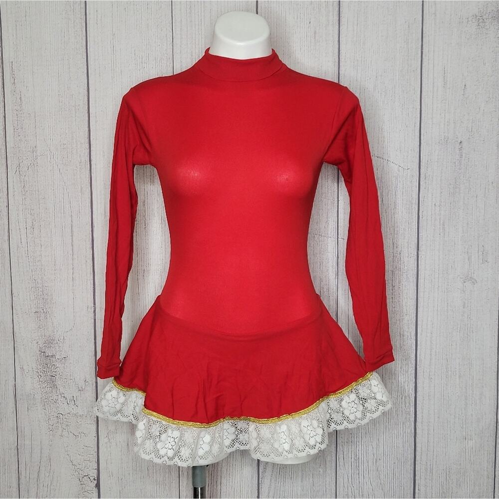 Vintage Red & White Stretchy Skirted Romper/Bodysuit, size Small